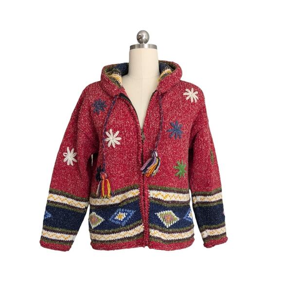 Handmade Cardigan Hoodie Sweater Wool Boho Hippie Multicolor Zip Chunky Red Blue - Picture 1 of 11